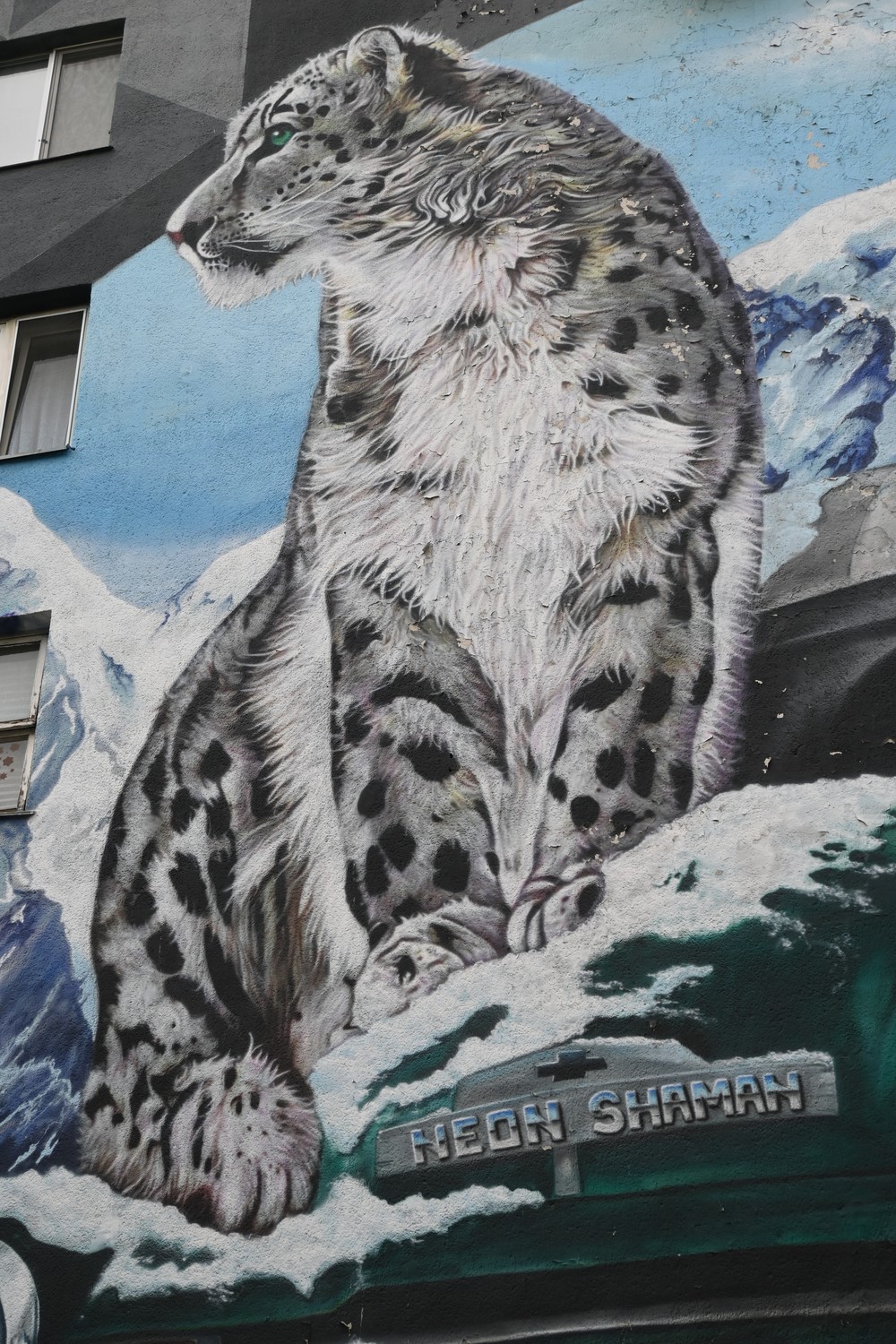 Farebný muralista pouličného umenia so snežným leopardom v sivej a bielej farbe na modrej stene budovy, označený nápisom Neon Shaman.
